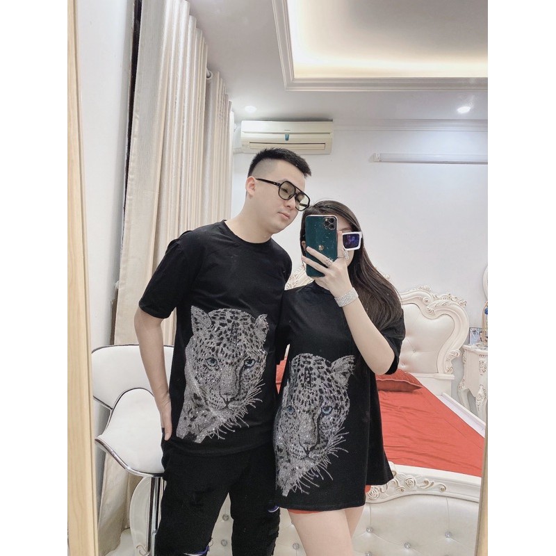 Áo phông nữ đính đá hổ mắt xanh nam nữ fom rộng cao cấp [XEM CLIP Ạ