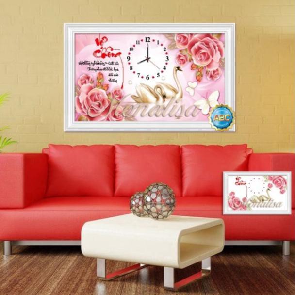 Tranh đính đá đồng hồ vợ chồng tuyệt đẹp kt 80*50cm