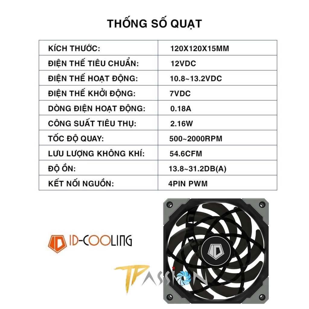 Quạt tản nhiệt fancase 12cm ID-COOLING NO-12015-XT – Slim fan 15mm, tốc 2000rpm, điều tốc 4Pin PWM, mạnh êm