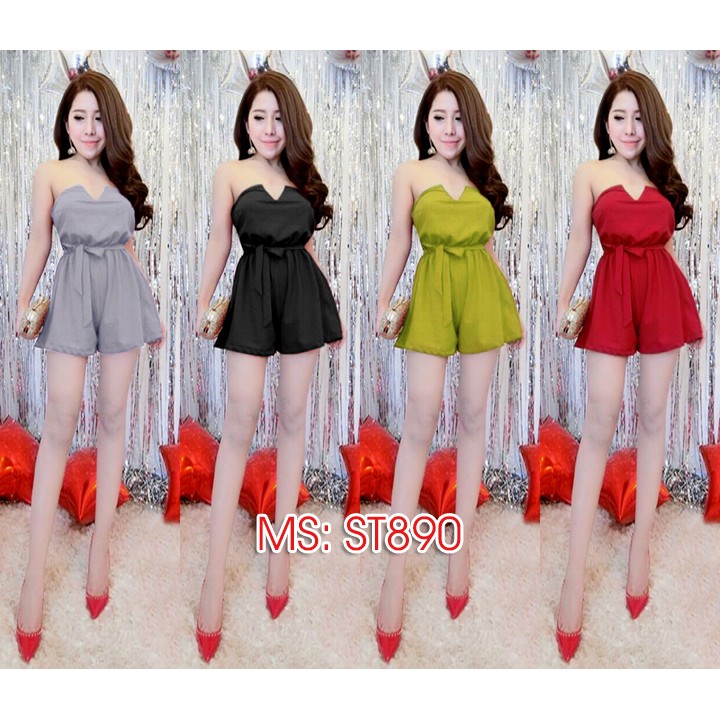Jumpsuit đồ bay short cúp ngực V phối lưới cột nơ giống Lọ Lem