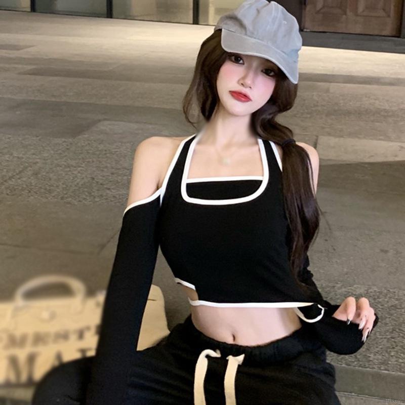 Áo croptop tay dài hở vai màu sắc thời trang Hàn Quốc dành cho nữ