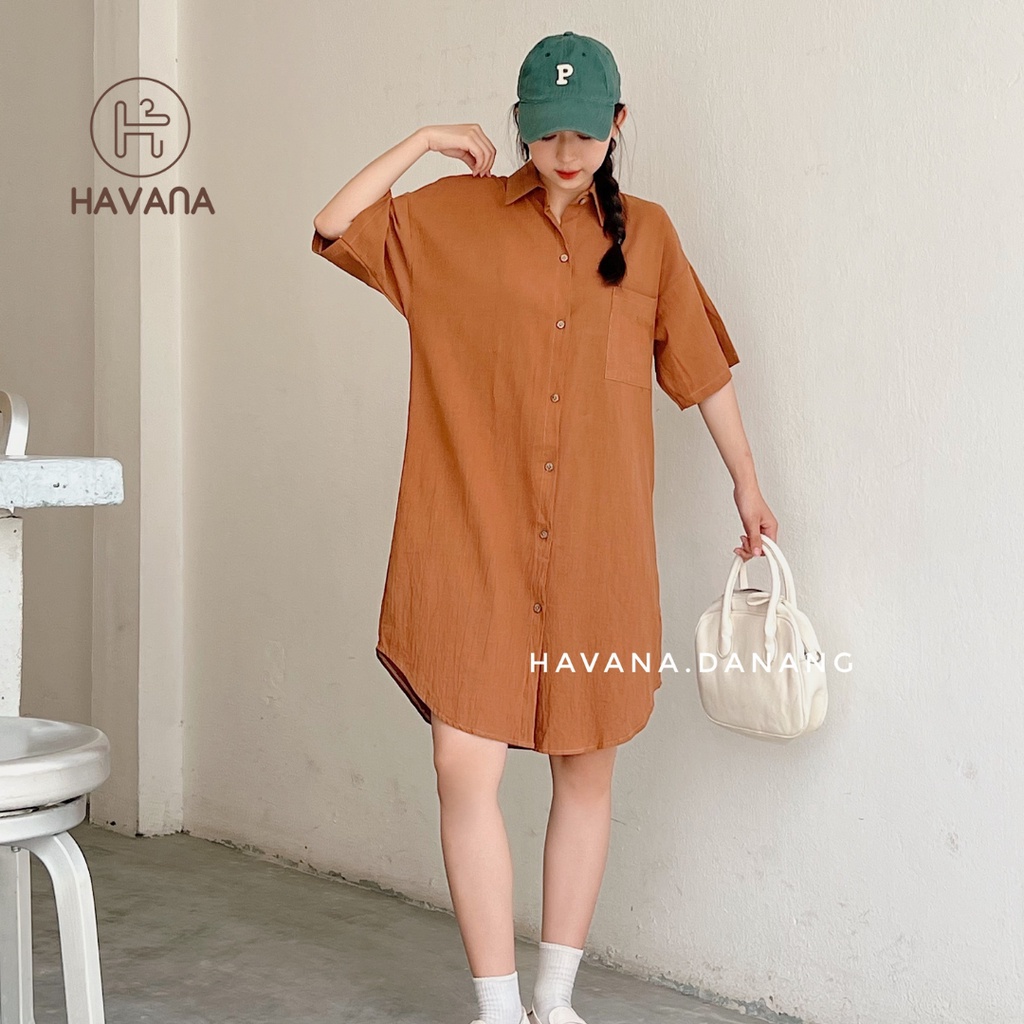 Váy sơ mi ngắn tay, sơ mi đũi khuy nút, váy sơ mi một túi nhiều màu AE175