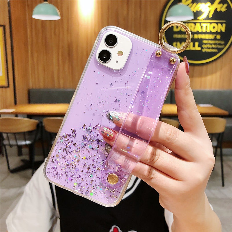 Ốp điện thoại TPU mềm trong suốt đính kim tuyến có dây xỏ cổ tay cho Samsung M51 Note 8 9 20 Ultra 10 Plus