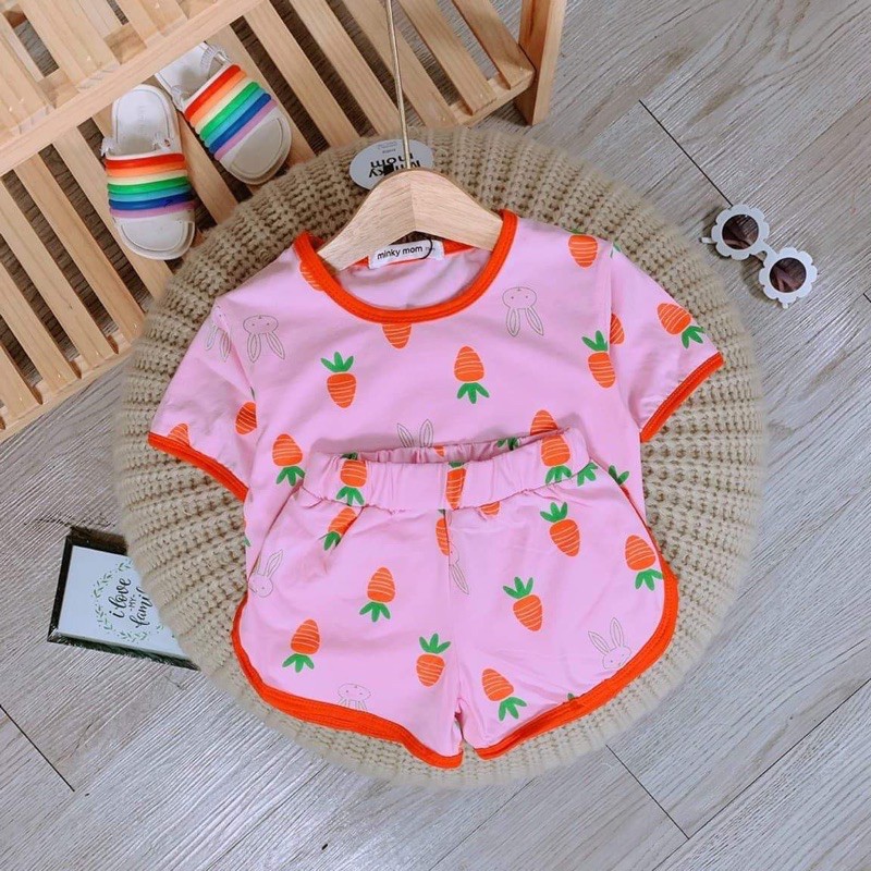 BỘ TAY NGẮN THUN COTTON MINKYMOM QUẦN ĐÙI VIỀN MÀU BÒ SỮA CHERRY CHO BÉ TỪ 8kg ĐẾN 18kg