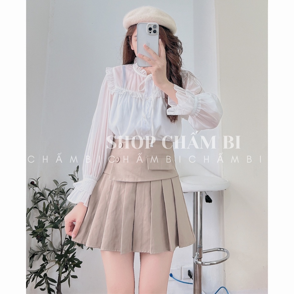 Áo sơ mi bánh bèo A.285, Áo sơ mi dáng babydoll cổ bèo thắt nơ cùng tay bèo cúc ngọc 2 màu ngọt ngào