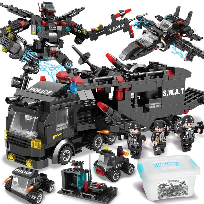 [500 CHI TIẾT-ĐẠT CHUẨN 3C] BỘ ĐỒ CHƠI LẮP RÁP LEGO CẢNH SÁT SWAT ROBOT QUÂN ĐỘI VÀ MÁY BAY CHIẾN ĐẤU