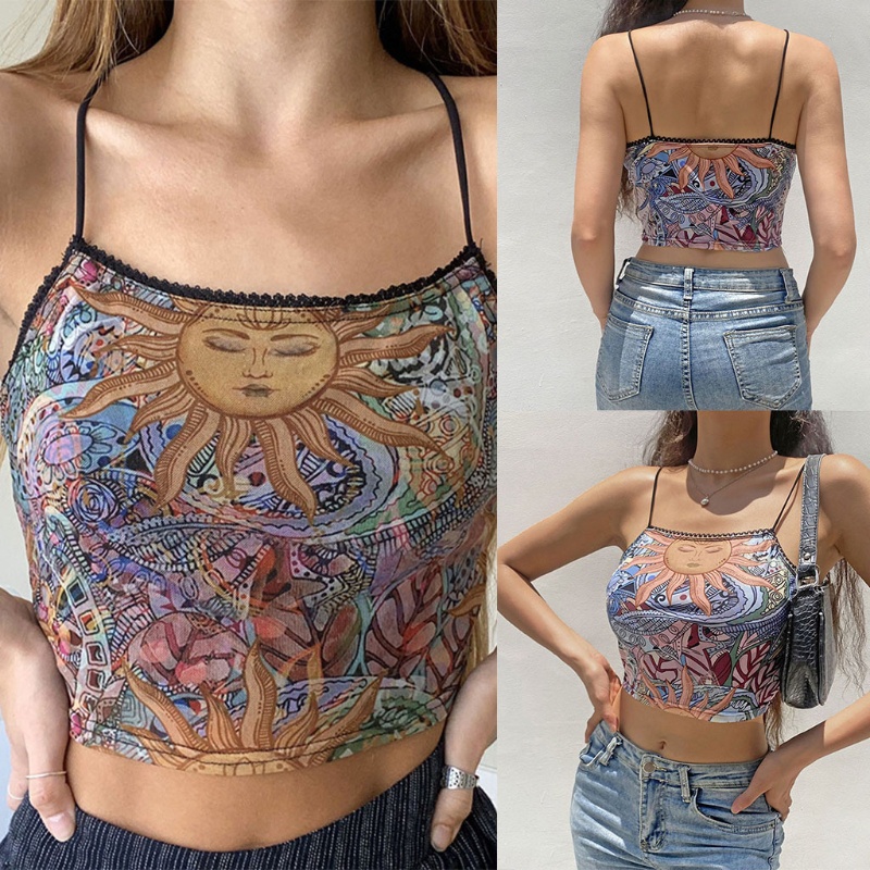 Áo Croptop Hai Dây Phối Lưới In Họa Tiết Mặt Trời Phong Cách Boho Thời Trang Mùa Hè Cho Nữ