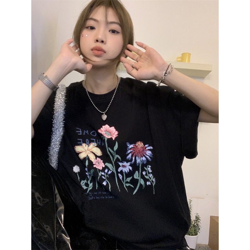 Áo Thun Ngắn Tay Cổ Tròn In Họa Tiết retro Thời Trang Nữ