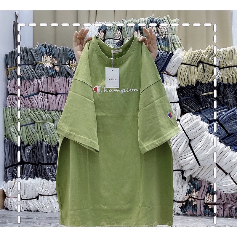 Áo phông tay lỡ chữ champi form rộng