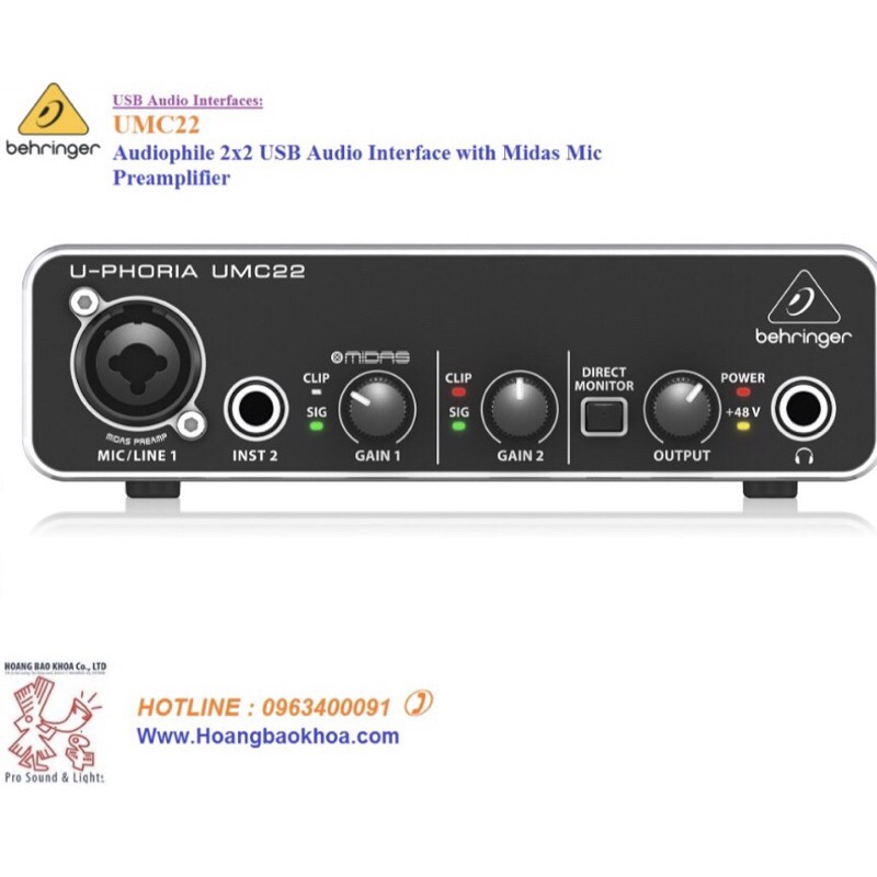 Soundcard USB Audio InterfaSu BEHRINGER UMC22 - Kết hơp bộ xử lý Midas Mic Preamplifier