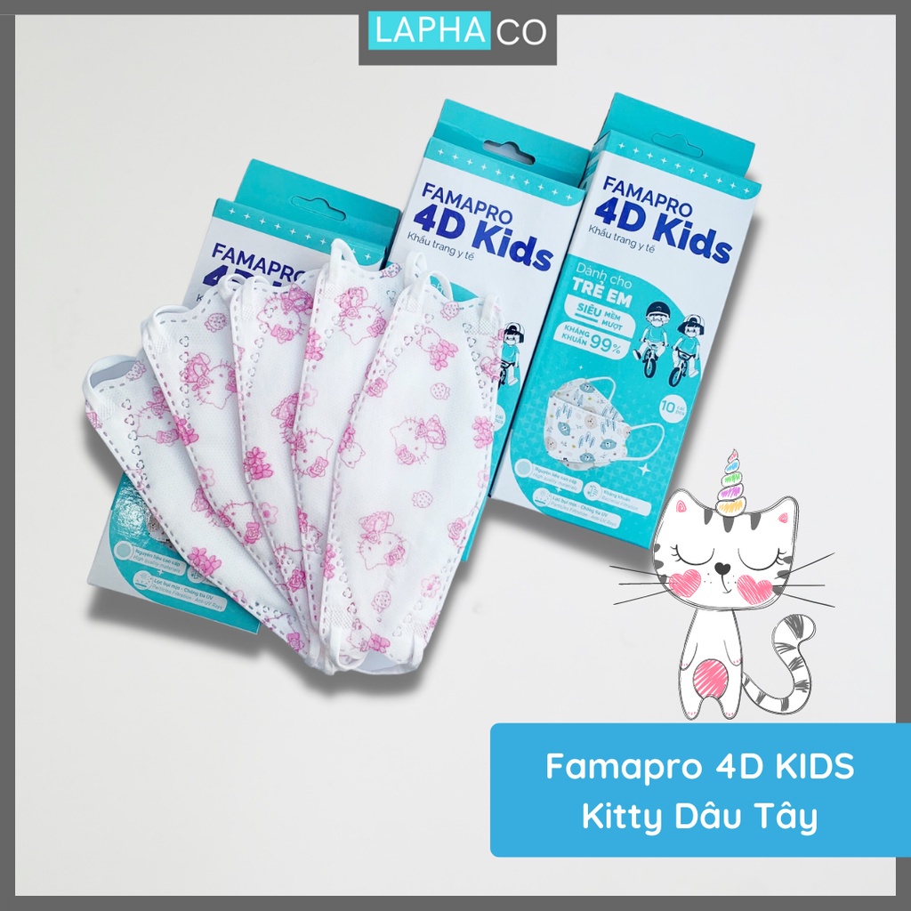 [ COMBO 5- HỘP 10 CÁI] Khẩu trang y tế cao cấp trẻ em kháng khuẩn 3 lớp Famapro 4D Kids(KF94) HÌNH MÈO KITTY
