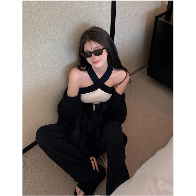 HUANG YOYO Áo Lửng Cổ Yếm Phong Cách Hàn Quốc Thời Trang Cho Nữ