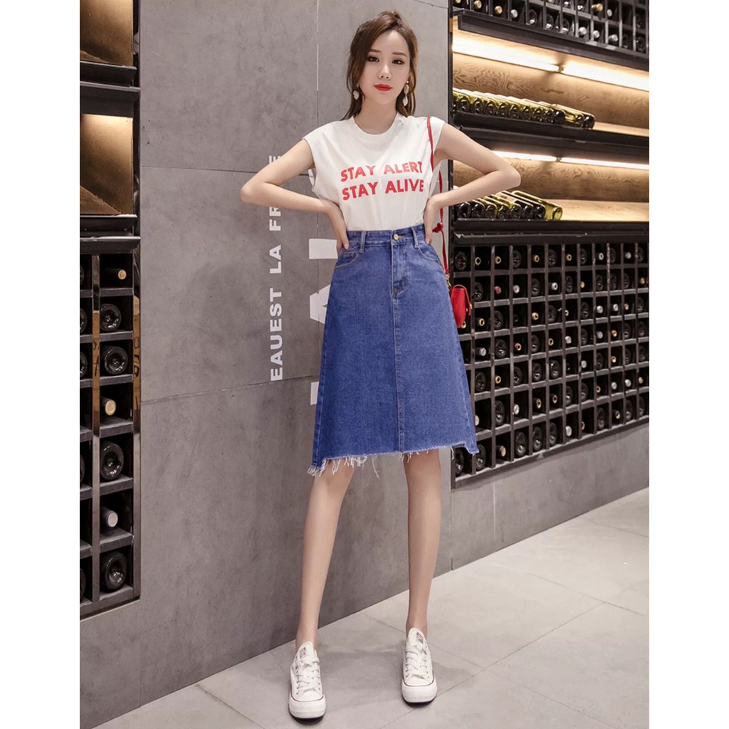 Chân váy jean dài phom chữ A qua đầu gối Lai cắt kiểu 3760 Molijean | BigBuy360 - bigbuy360.vn