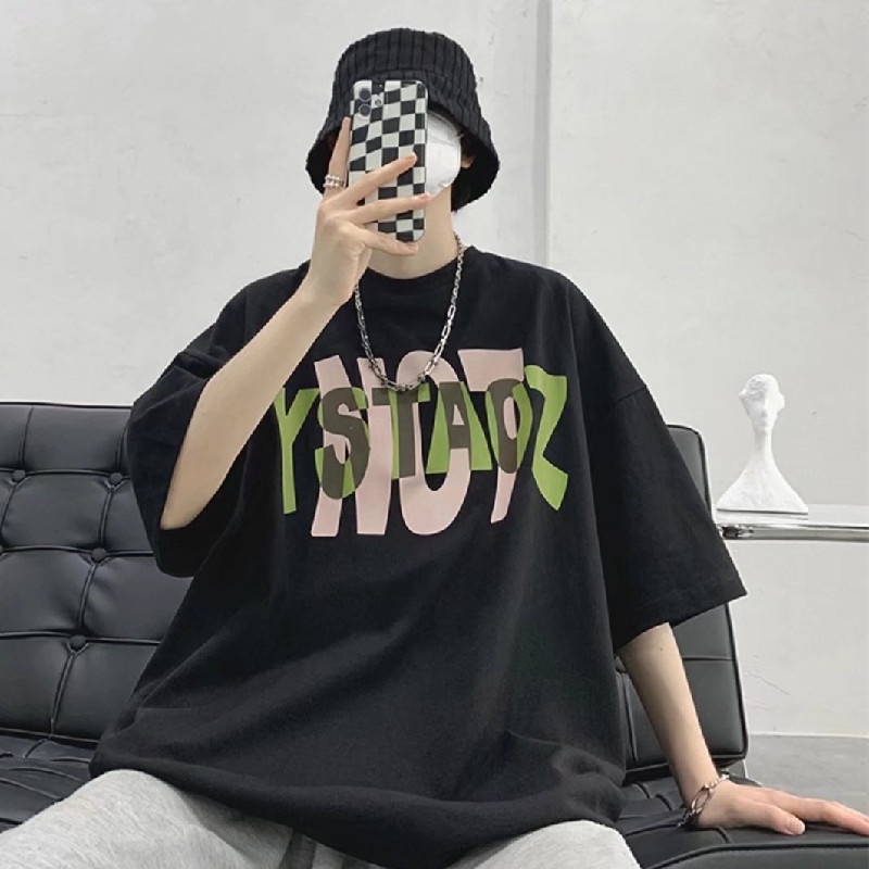Áo Thun Nam Tay Ngắn Dáng Rộng Có In Chữ Phong Cách Hàn Quốc Thời Trang