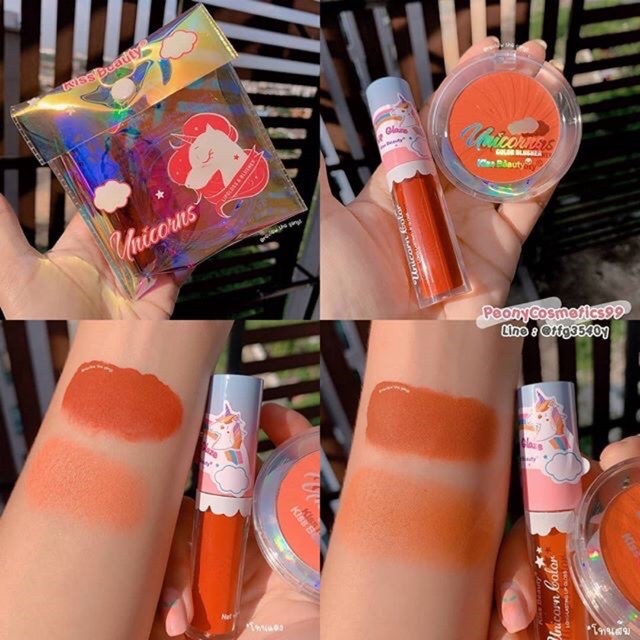 Set son kem lì + má hồng Kiss Beauty Unicorn Colors kèm túi đựng