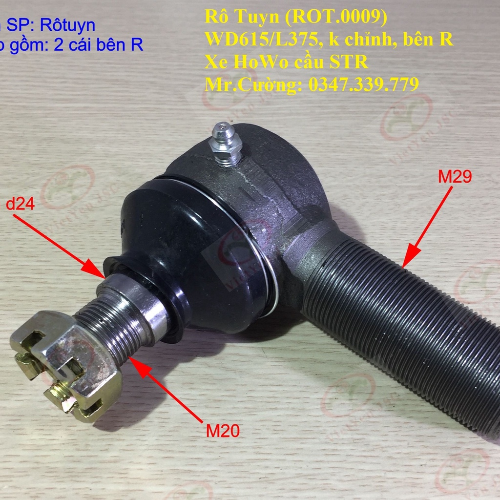 Một cặp  Rotuyn  ba ngang lái dùng cho xe Howo, mã WD615/L375, gai ngoài 30mm, côn 24mm, không có chỉnh