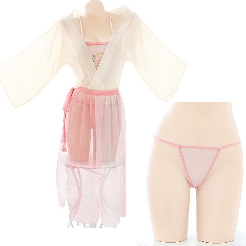Set váy ngủ cổ trang áo yếm hở lưng phối áo choàng sexy PT NIGHTWEAR Quần váy kèm quần lọt khe gợi cảm PT56