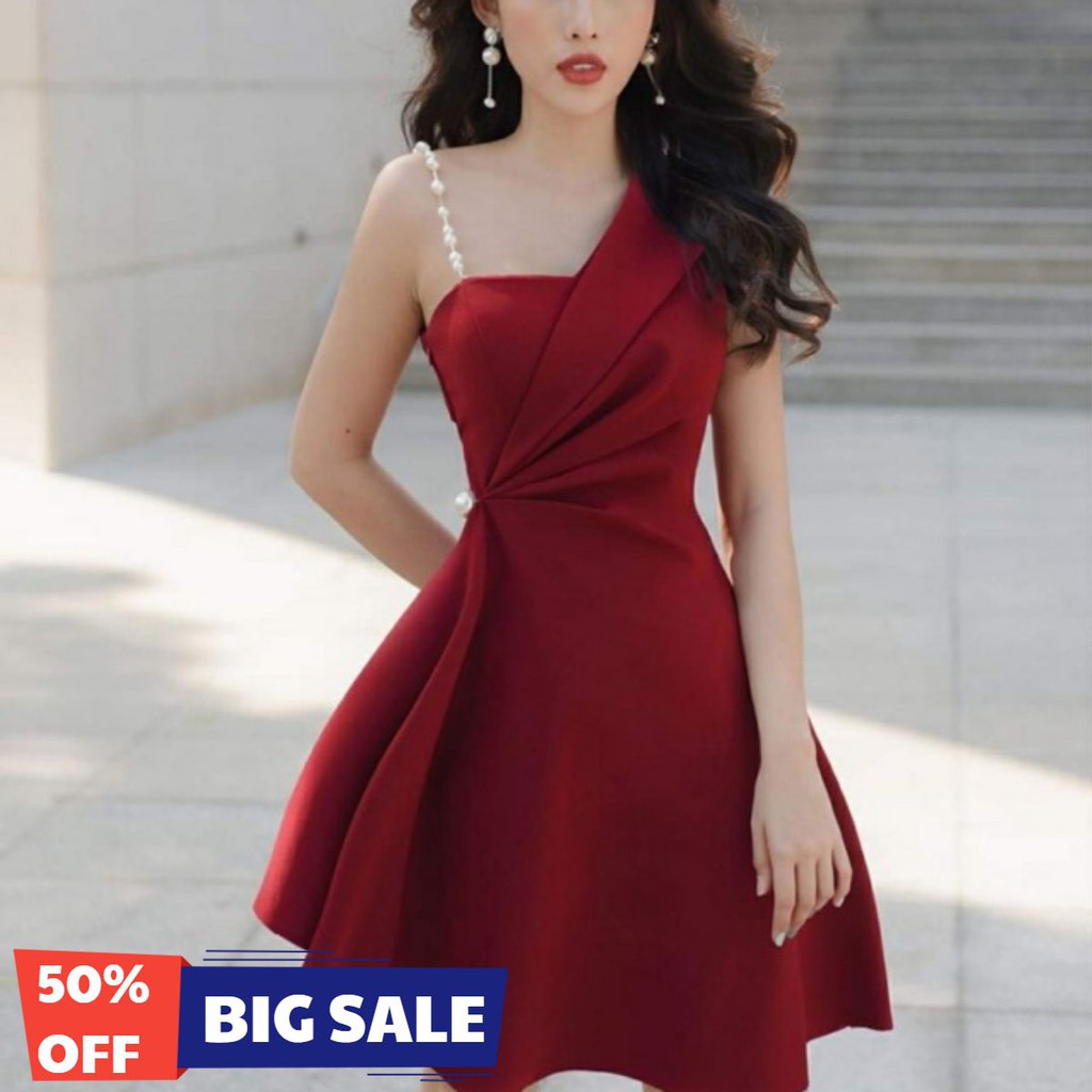 [kem video that] đầm lệch vai một bên dây chuỏi đính cườm eo siêu xinh