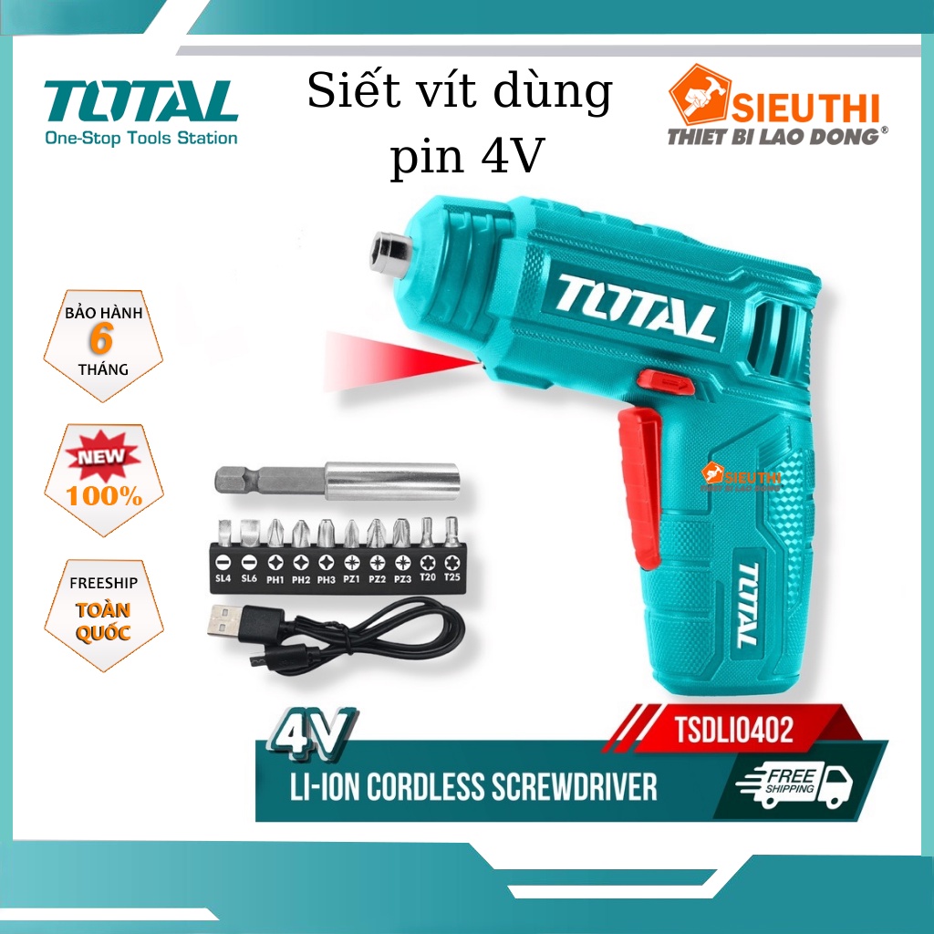 Máy Siết Vít Dùng Pin 4V (Supper Select) Total Kèm 10 mũi siết vít 25mm 1 mũi từ TSDLI0402