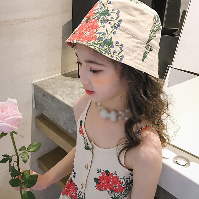 Bộ áo hai dây + quần short + mũ in hoa thời trang mùa hè cho bé gái