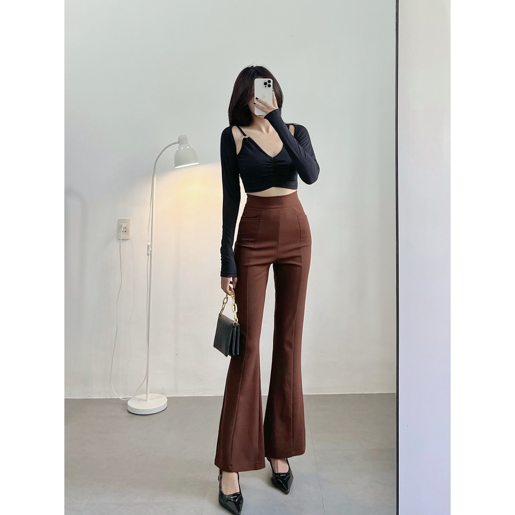 Áo croptop nữ tay dài HHVINTAGE kiểu nhún ngực khoen co giãn Top A31