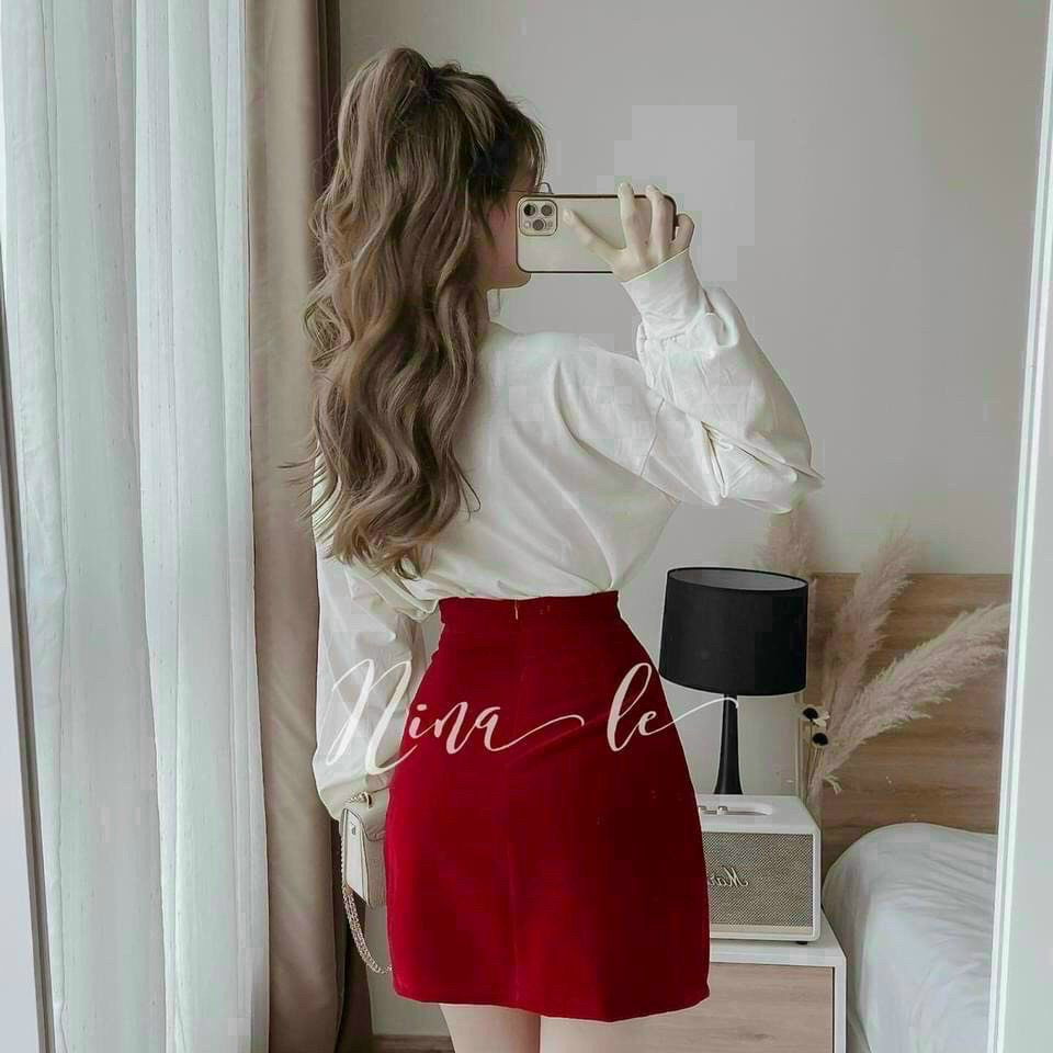 [9.9 Sales Freeship] Set váy tay bồng tiểu thư, set áo trắng tay dài in chữ chân váy đỏ chữ A phong cách hàn quốc