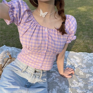 Áo croptop tay ngắn phồng kẻ caro nhún lưng có size mặc được 2 kiểu