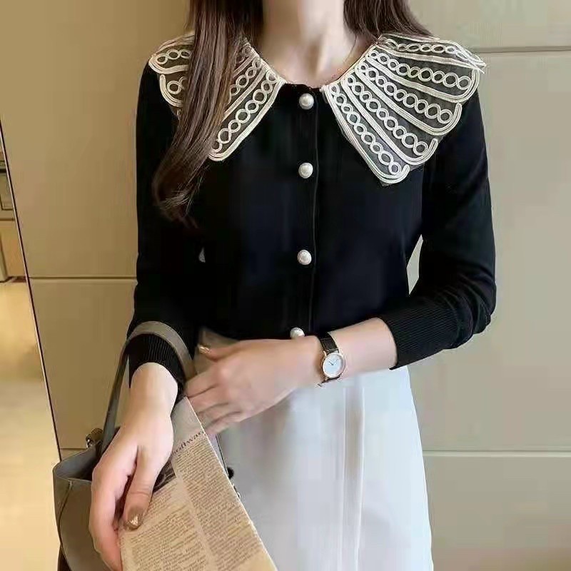 Áo Len Kiểu Nữ Cổ Tròn Ren Dài Tay Phong Cách Hàn Quốc - 4 mầu Trắng Đỏ Be Đen - Hanlly Fashion - AL3