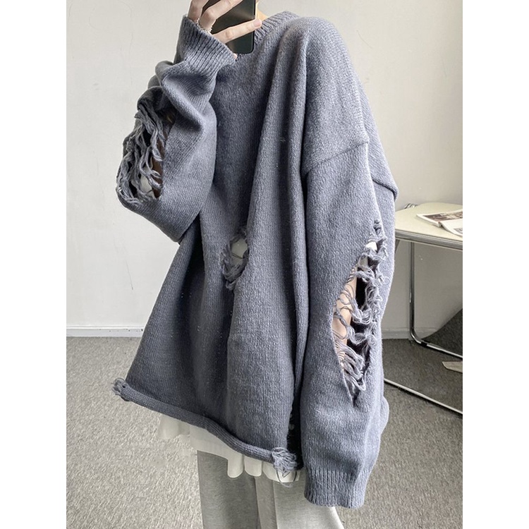 Áo Sweater Rách Dáng Rộng Phong Cách Hong Kong Thời Trang Thu Đông Dành Cho Nam Nữ