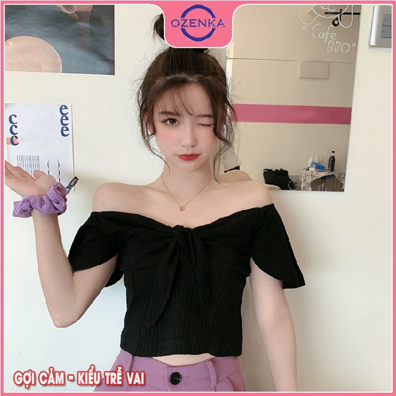 Áo croptop ngắn tay cánh tiên nữ OZENKA , áo thun ôm trễ vai gợi cảm nữ tính thun gân 100% cotton đen trắng dưới 50kg