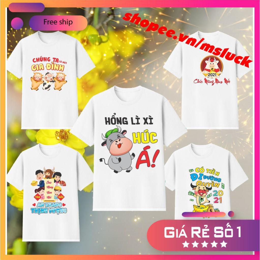áo thun tết tân sửu 2021, áo tết 2021, vải cotton mịn, mát, in công nghệ nhật, size trẻ em - người lớn