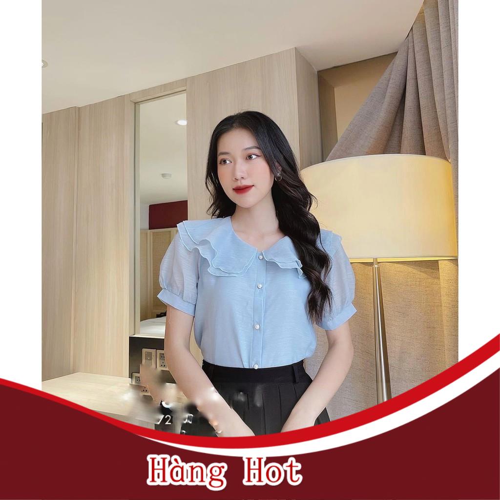 Áo sơ mi cổ sen 2 lá nằm dáng cộc tay cúc ngọc chất tơ xước - áo sơ mi công sở nữ