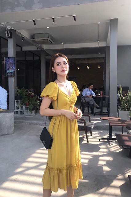 ĐẦM CỔ V lai bèo nhún ngực xd