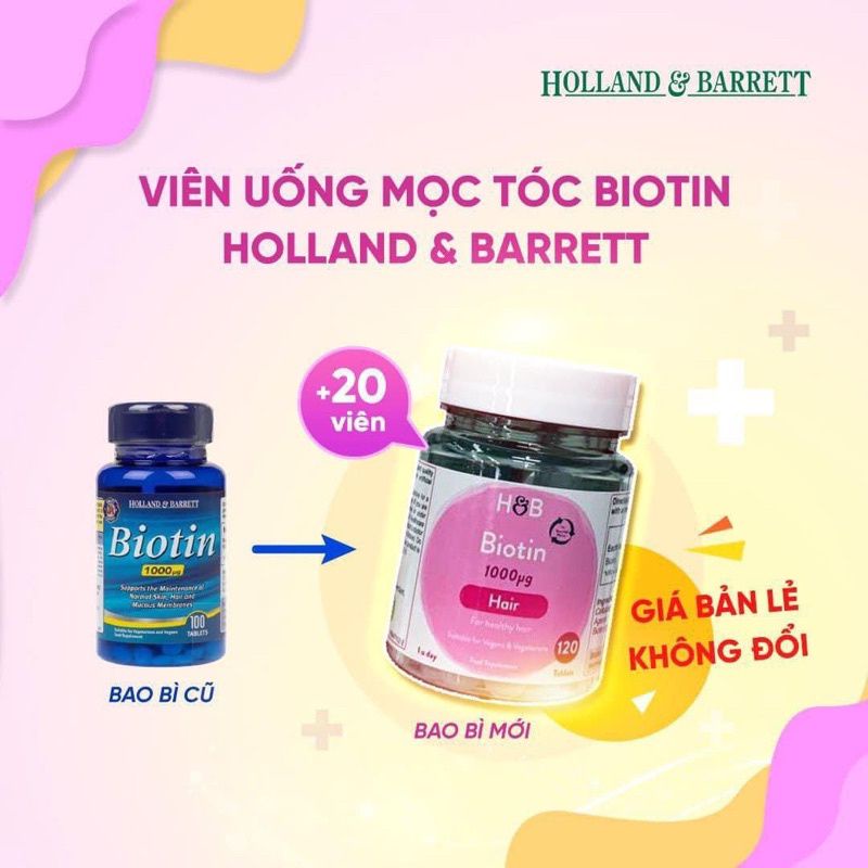 Viên uống mọc tóc Anh Biotin Holland &amp; Barrett, lọ 100 viên