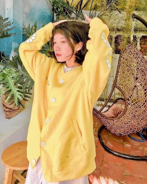 Áo khoác nỉ cadigan hoa cúc tay và lưng