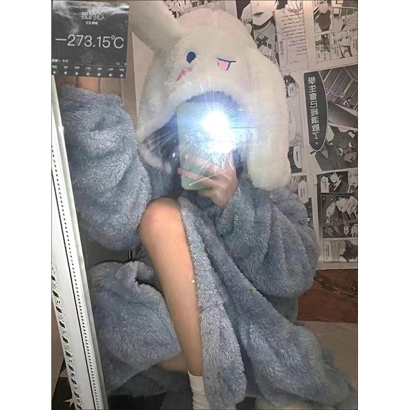 Bộ ngủ thỏ lông màu xanh đáng yêu chất lông dày ấm