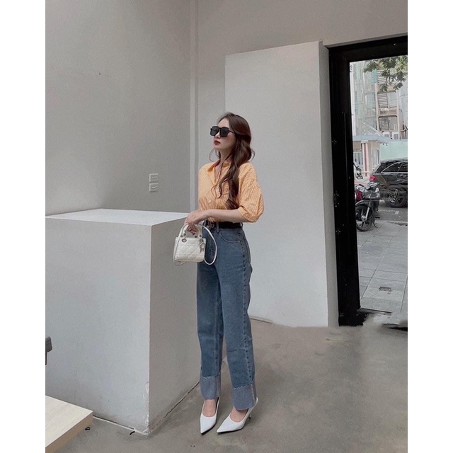 [Ảnh thật/Video]Quần bò ống rộng Momoland mới gập gấu to Hàn Quốc