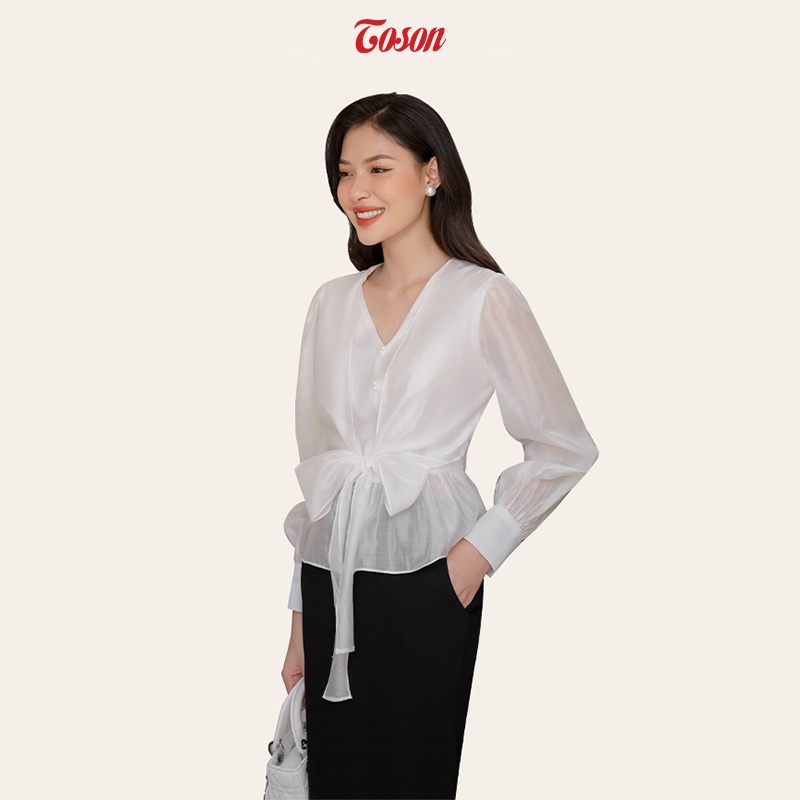 Áo sơ mi trắng, eo nhún bồng, tà bong buộc nơ cá tính Toson 14965W52