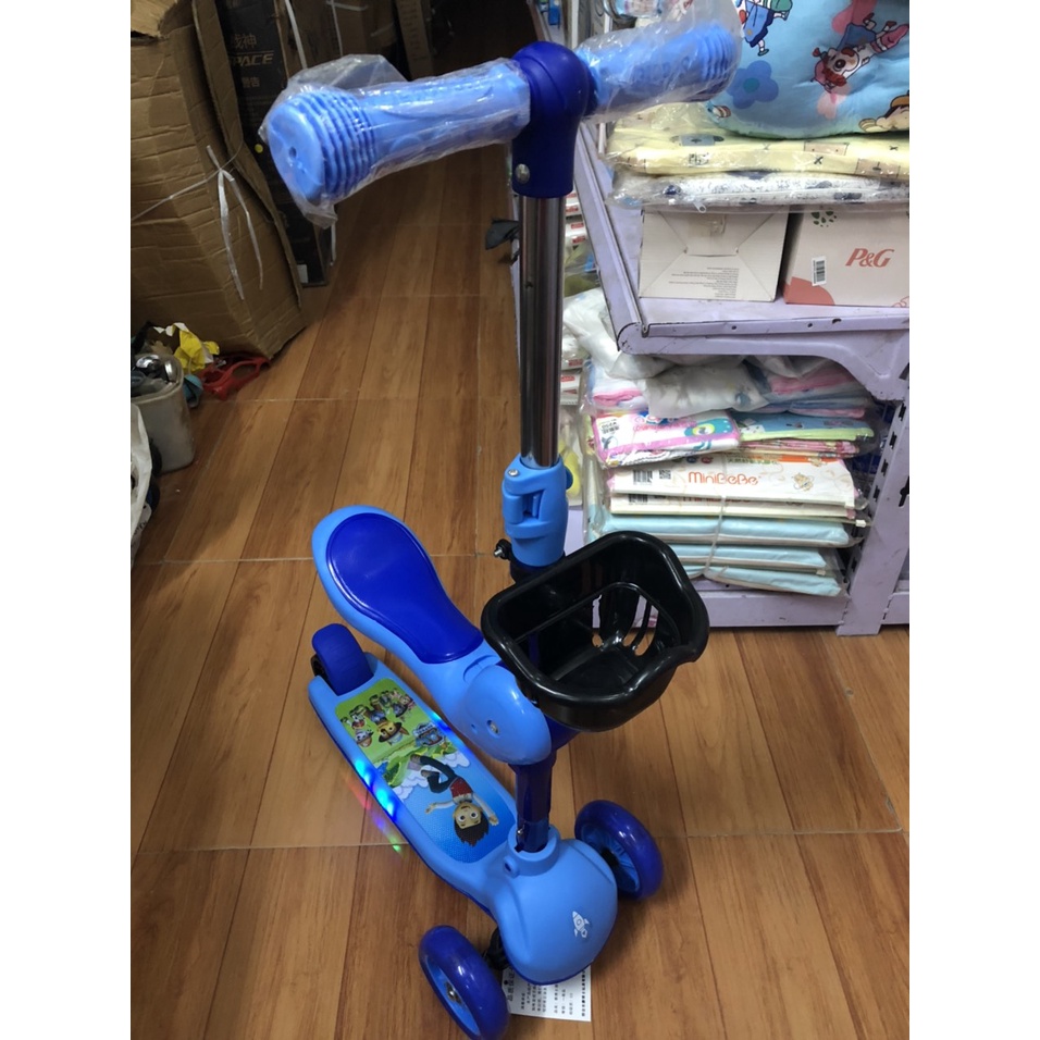 Xe trượt scooter 602 Có Ghế Có Giỏ đa năng phát sáng cho bé từ 1 đến 10 tuổi - Xe thăng bằng có nhạc, ghế nhún cho trẻ