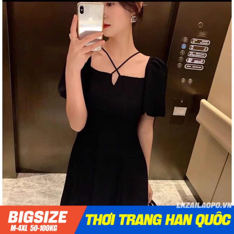 Đầm Bigsize Váy nữ dáng ôm tay ngắn cổ vuông đen mùa hè Phong cách Hàn Quốc Thời Trang cá tính xinh đẹp quảng châu cao cấp