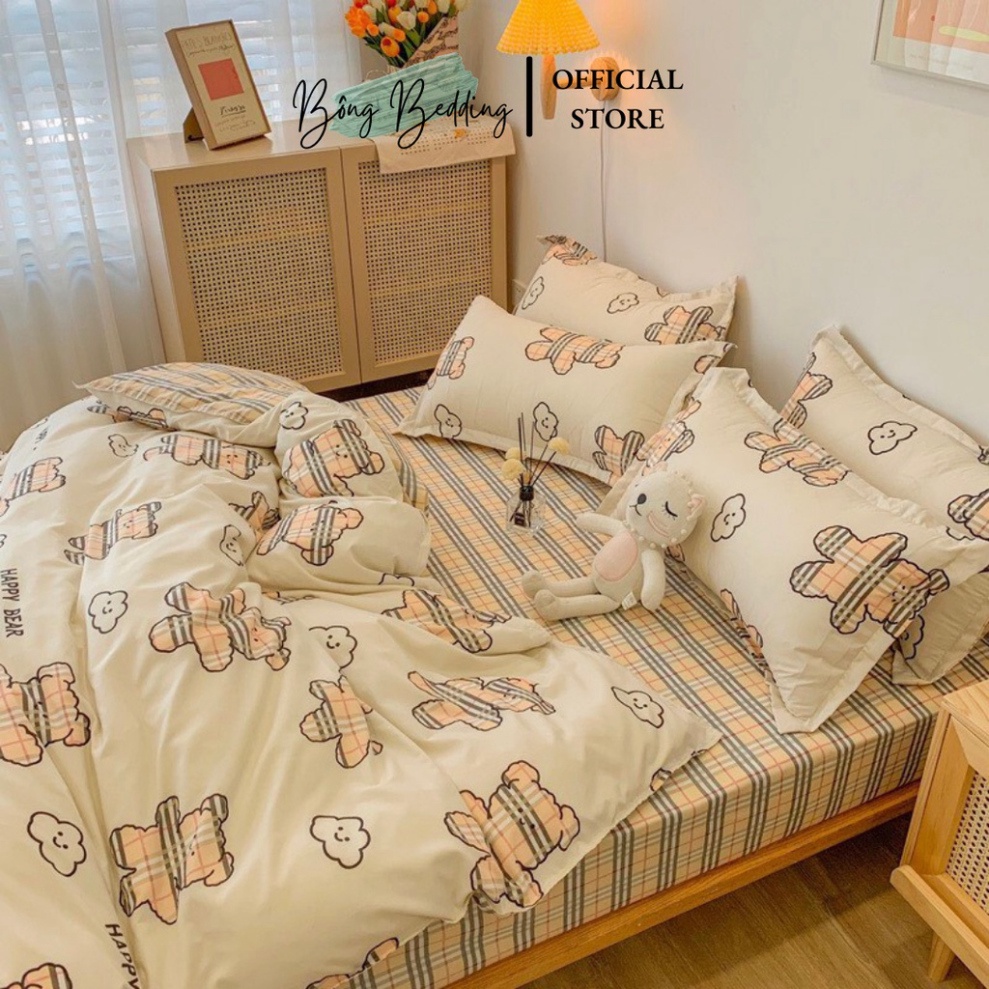 Bộ Chăn Ga Gối Cotton Poly Gấu Be Phối Ga Kẻ HIN BEDDING Miễn Phí Bo Chun