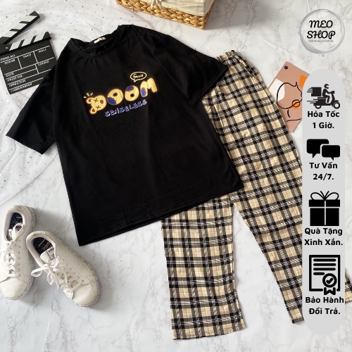 Đồ Bộ Nữ Đồ Bộ Hoạt Hình Quần Dài Unisex Quần Caro Dễ Thương DBTCR