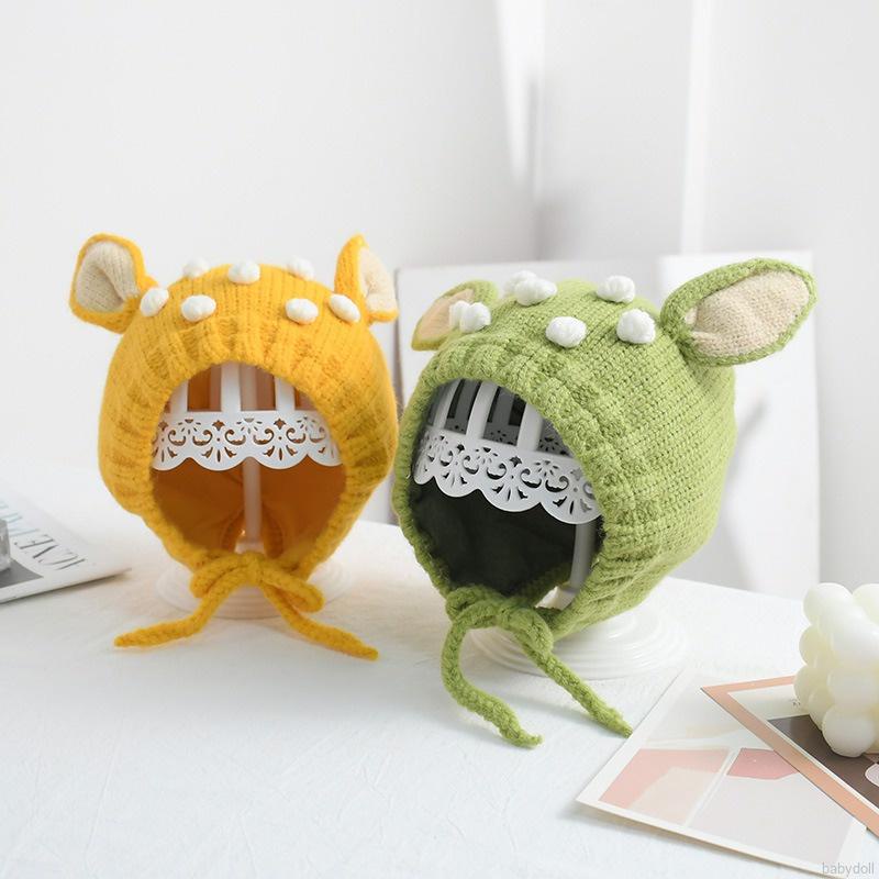 Mũ dệt kim co giãn mềm mại giữ ấm tai họa tiết hoạt hình xinh xắn thời trang cho bé