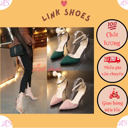 Giày cao gót nữ da lộn kiểu dáng gót nhọn quai hậu mảnh cao cấp thời trang nữ kết hợp si đồng sang chảnh TT159