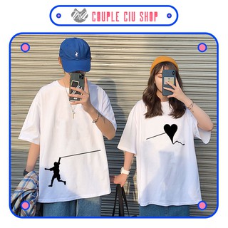 Áo thun (áo phông) cặp đôi dáng unisex Couple Ciu cho nam nữ - Họa tiết người thả diều tim, màu trắng