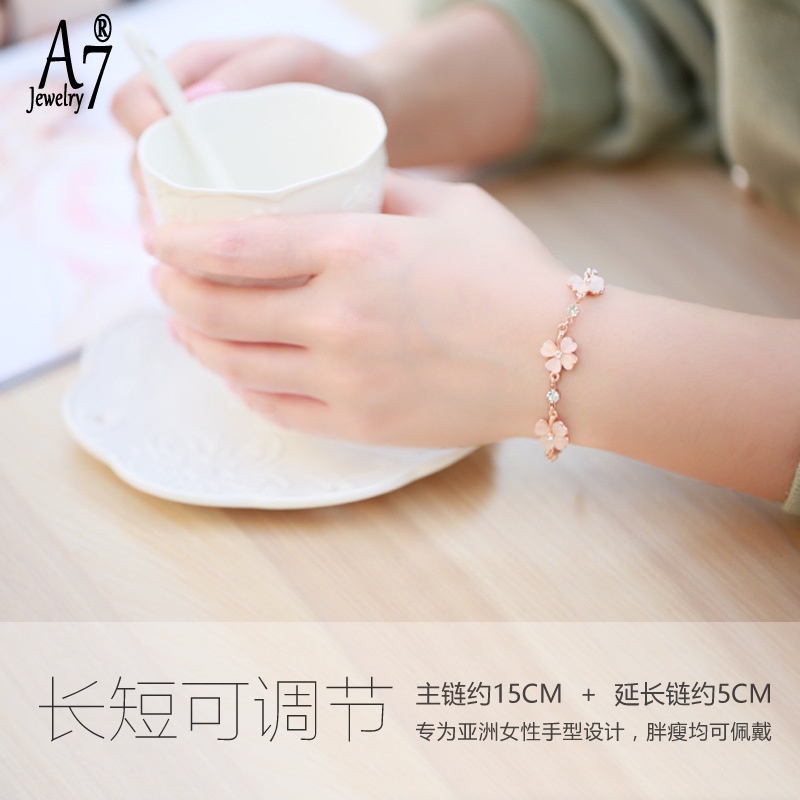 Vòng đeo tay mạ bạc S925 đính đá mặt hoa anh đào màu hồng xinh xắn thời trang