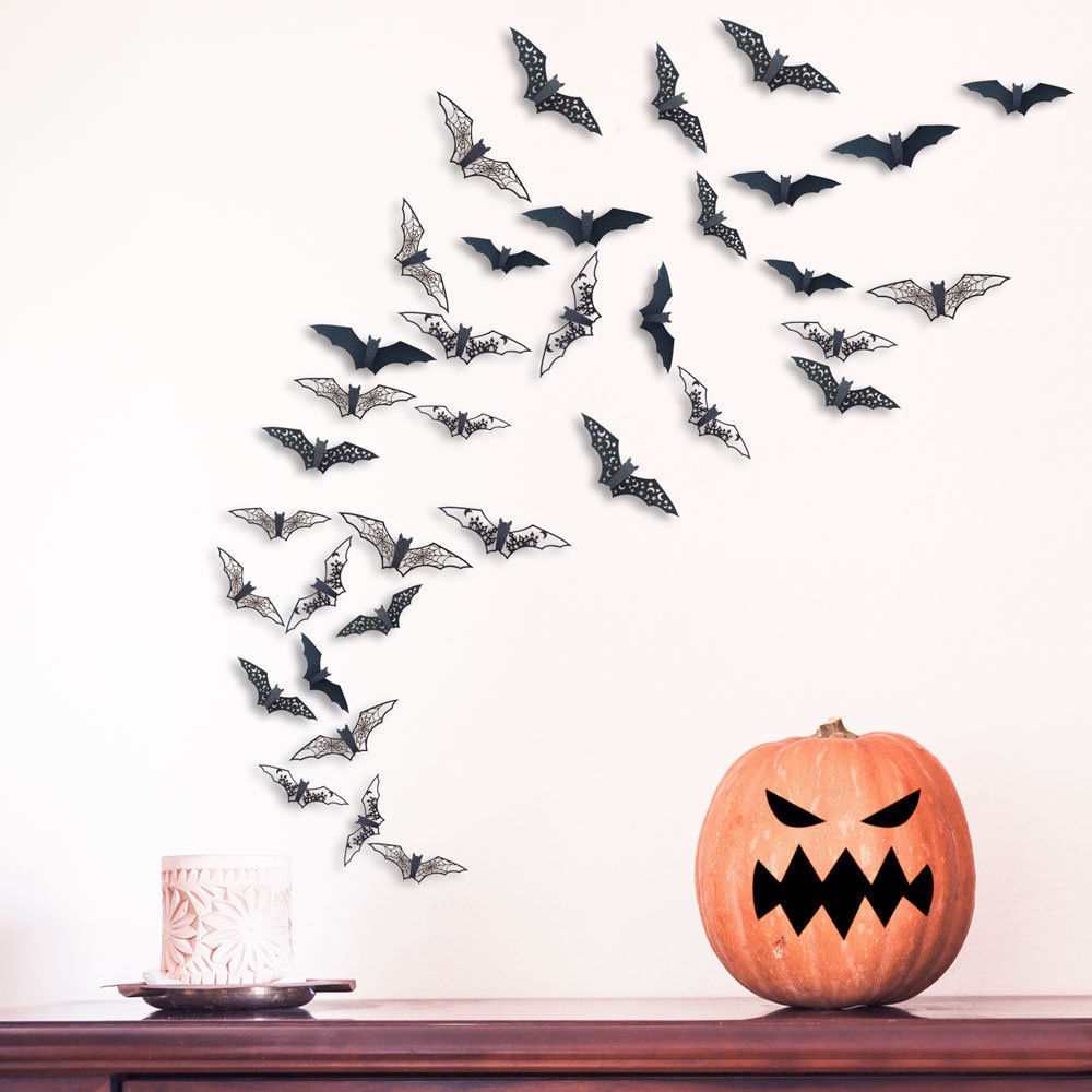 Set 12 Sticker Dán Tường Hình Dơi 3D Màu Đen Trang Trí Halloween