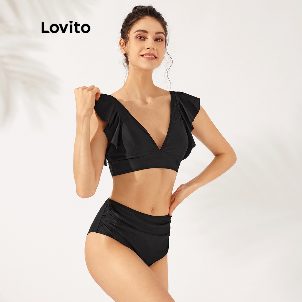 Set bikini Lovito cơ bản viền nhún bèo cổ chữ V với miếng đệm có thể tháo rời L23AD056 (màu đen)