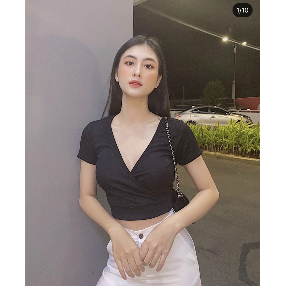 Áo kiểu croptop đắp chéo ngực trơn cực xinh , chất thun bozip mềm mịn ( ảnh thật )