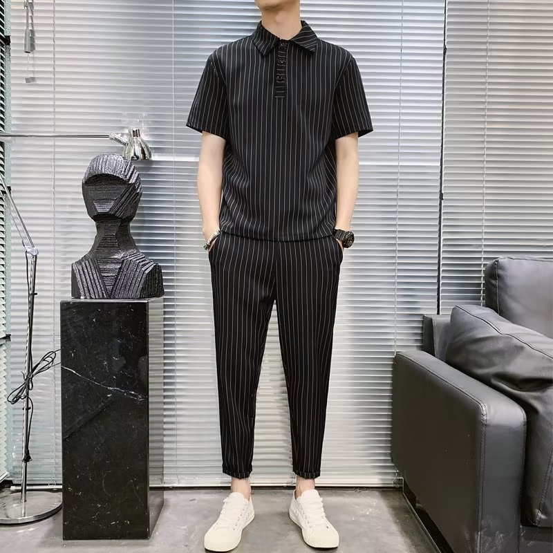 Áo Thun polo Ngắn Tay Kẻ Sọc 9 Tấc + Quần Ôm Vừa Vặn Mùa Hè Phong Cách Mới Cho Nam